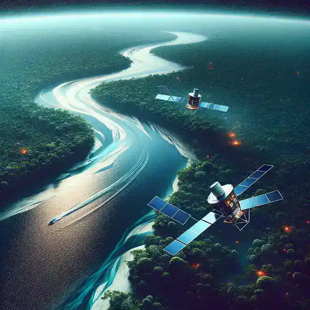 "Satélites medindo a qualidade da água em rios amazônicos, destacando a importância da tecnologia na preservação ambiental."